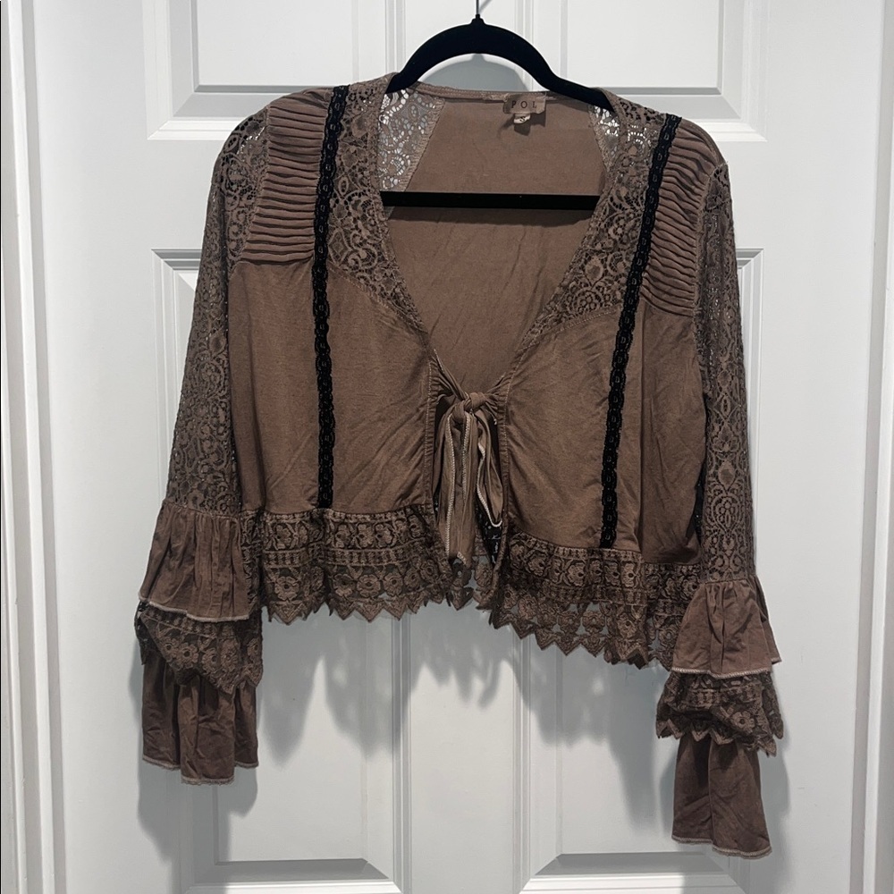 POL romantic lace bell sleeves bolero top chocolate brown ruffles - Picture 2 of 10